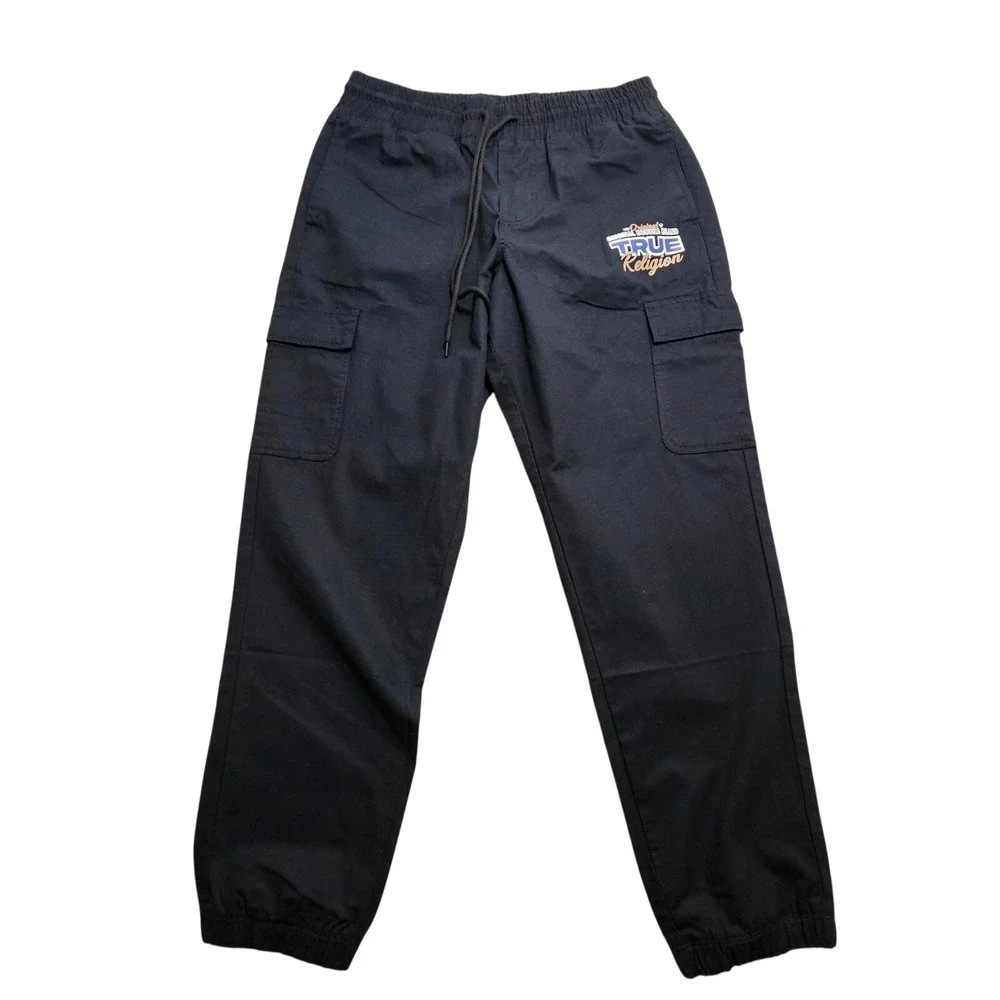 True Religion Mens Ripstop Jogger Pants Jet Black Cargo Graphic 700755 Size M‎